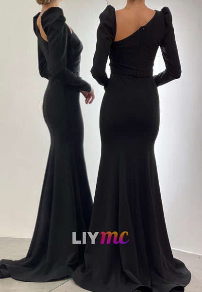 LP2269 - Asymmetrical Long Sleeves Ruched Sleek Satin Sheath Prom Dress