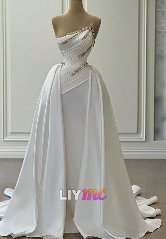 Asymmetrical Pleated Beaded Mermaid Wedding Dress