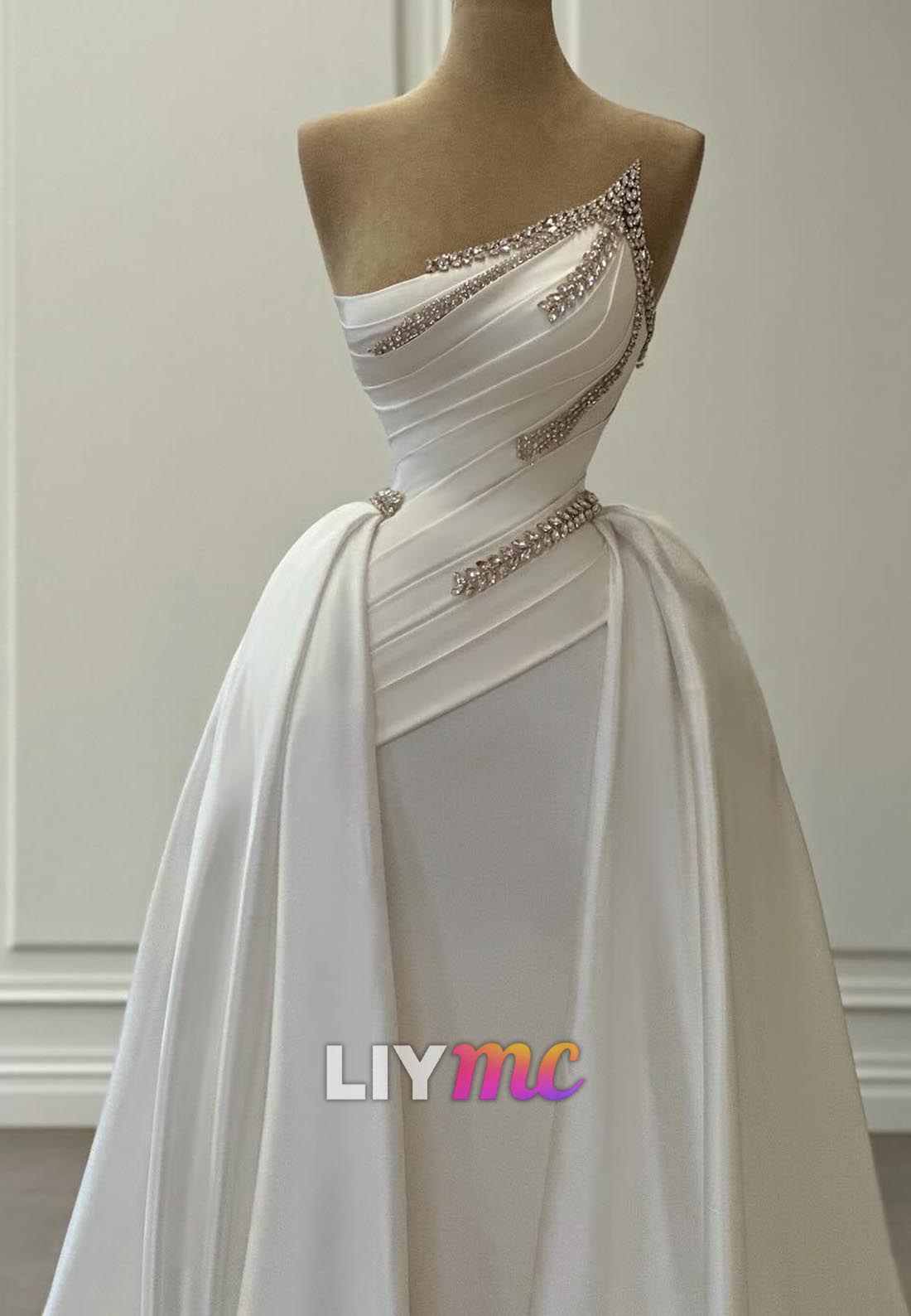 Asymmetrical Pleated Beaded Mermaid Wedding Dress