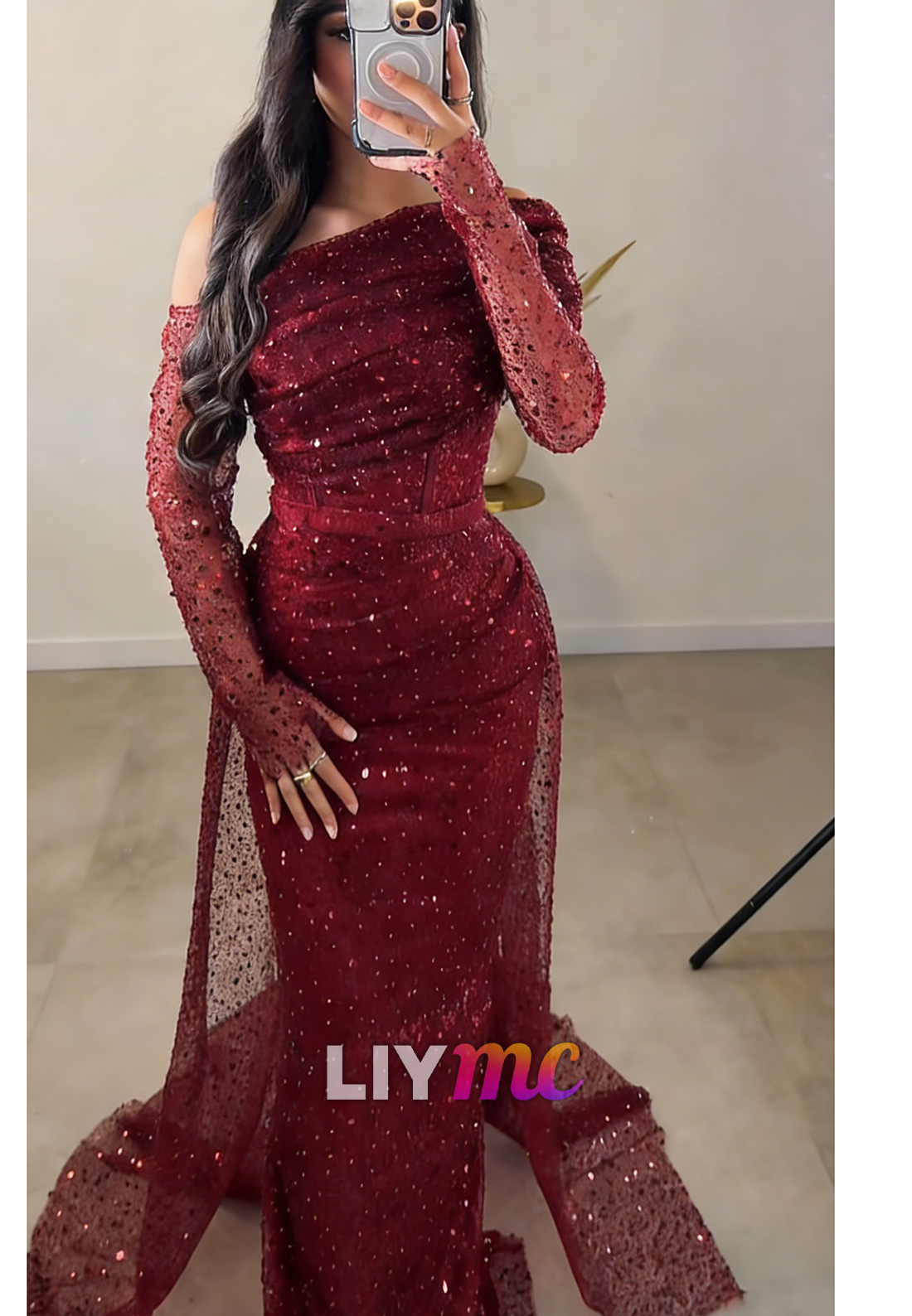 Asymmetrical Sequins Embroidery Long Sleeves Mermaid Evening Dress