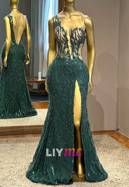 Asymmetrical Sequins Sheer Sleeveless Sheath Prom Dress