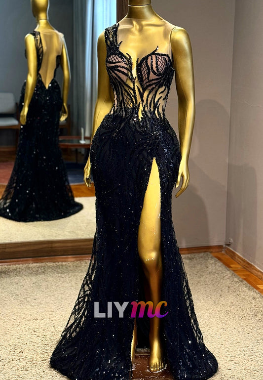 Asymmetrical Sequins Sheer Sleeveless Sheath Prom Dress