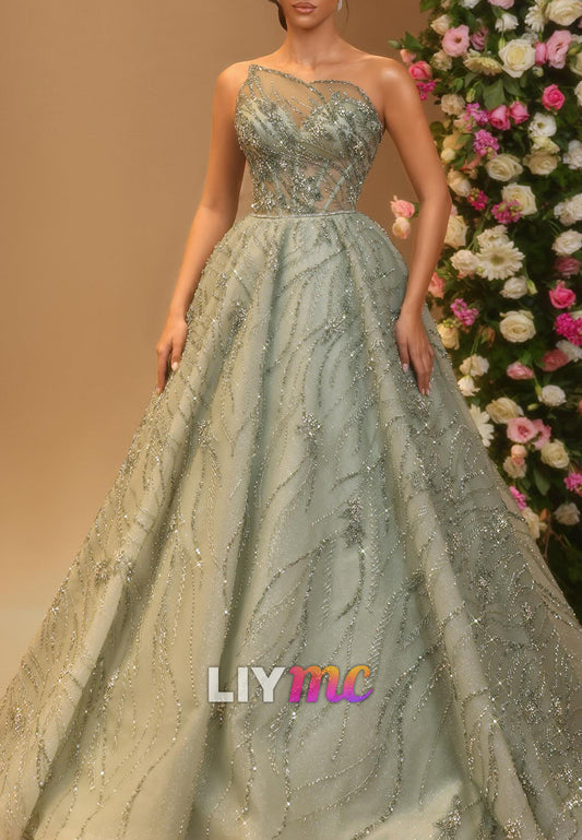 Asymmetrical Sleeveless Beaded Embroidery A-Line Evening Dress