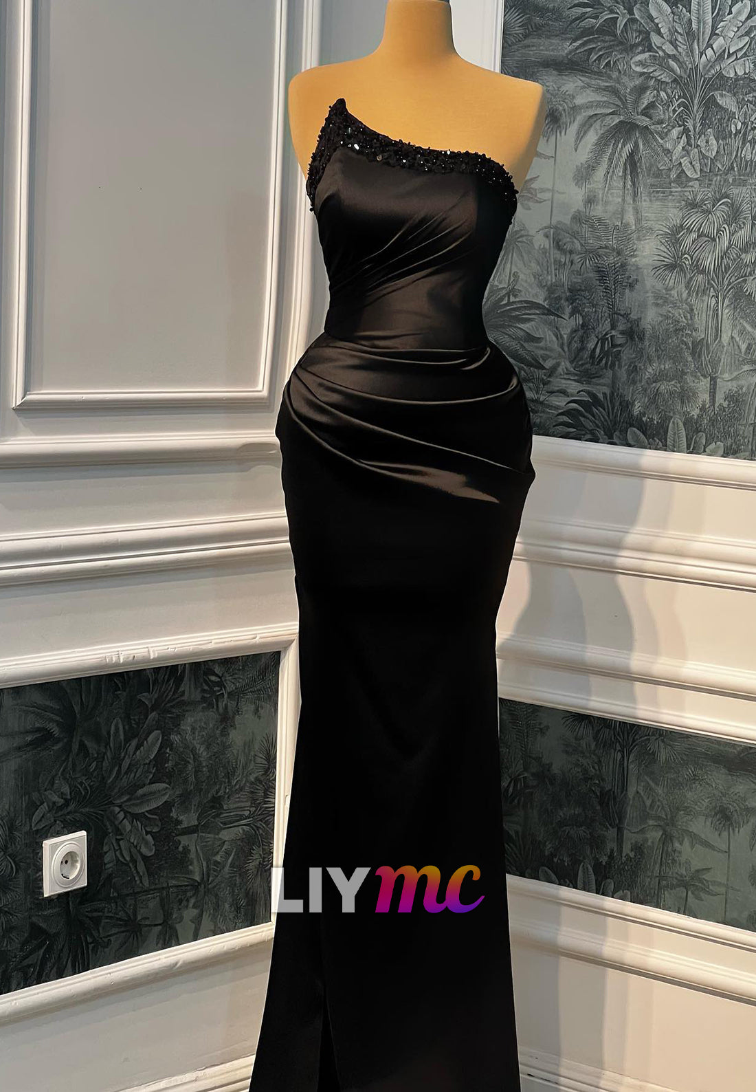 Asymmetrical Sleeveless Beaded Mermaid Satin Evening Dress