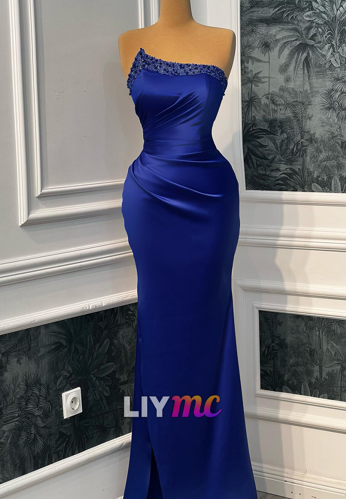 Asymmetrical Sleeveless Beaded Mermaid Satin Evening Dress