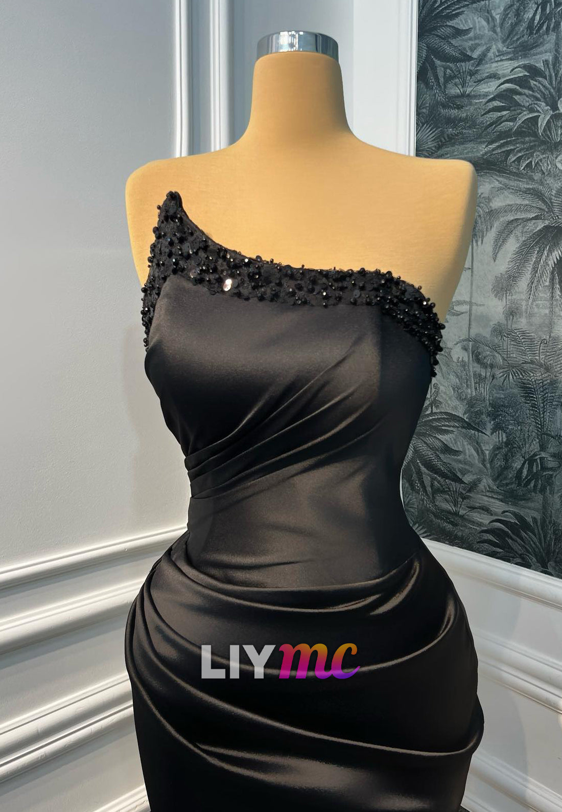 Asymmetrical Sleeveless Beaded Mermaid Satin Evening Dress