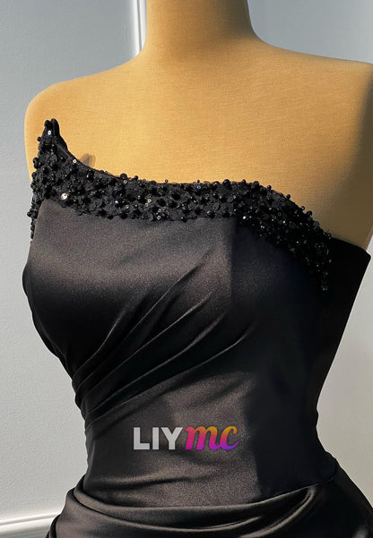 Asymmetrical Sleeveless Beaded Mermaid Satin Evening Dress