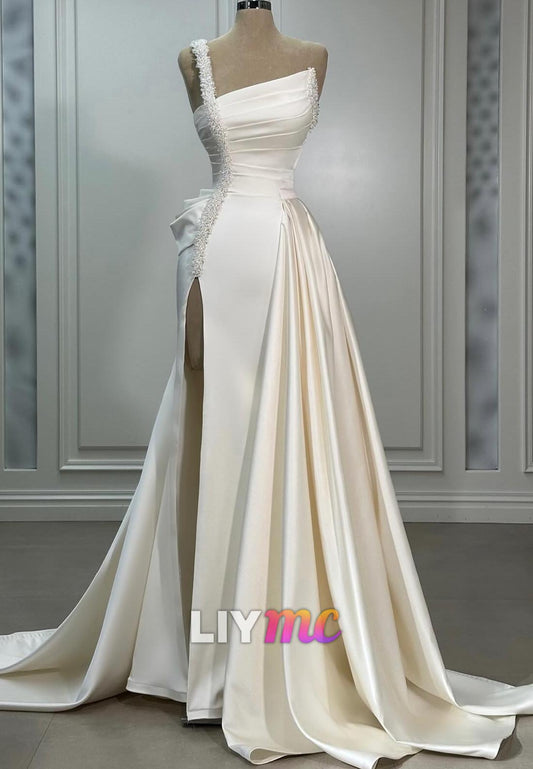 Asymmetrical Sleeveless Beaded Pleated Sheath  Wedding Dress