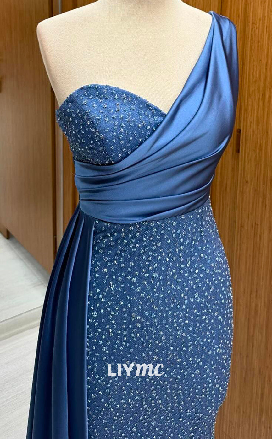 LP2251 - Asymmetrical Sleeveless Beaded Sequins Sheath Pleated Sheath Cocktail Dress Prom Dress