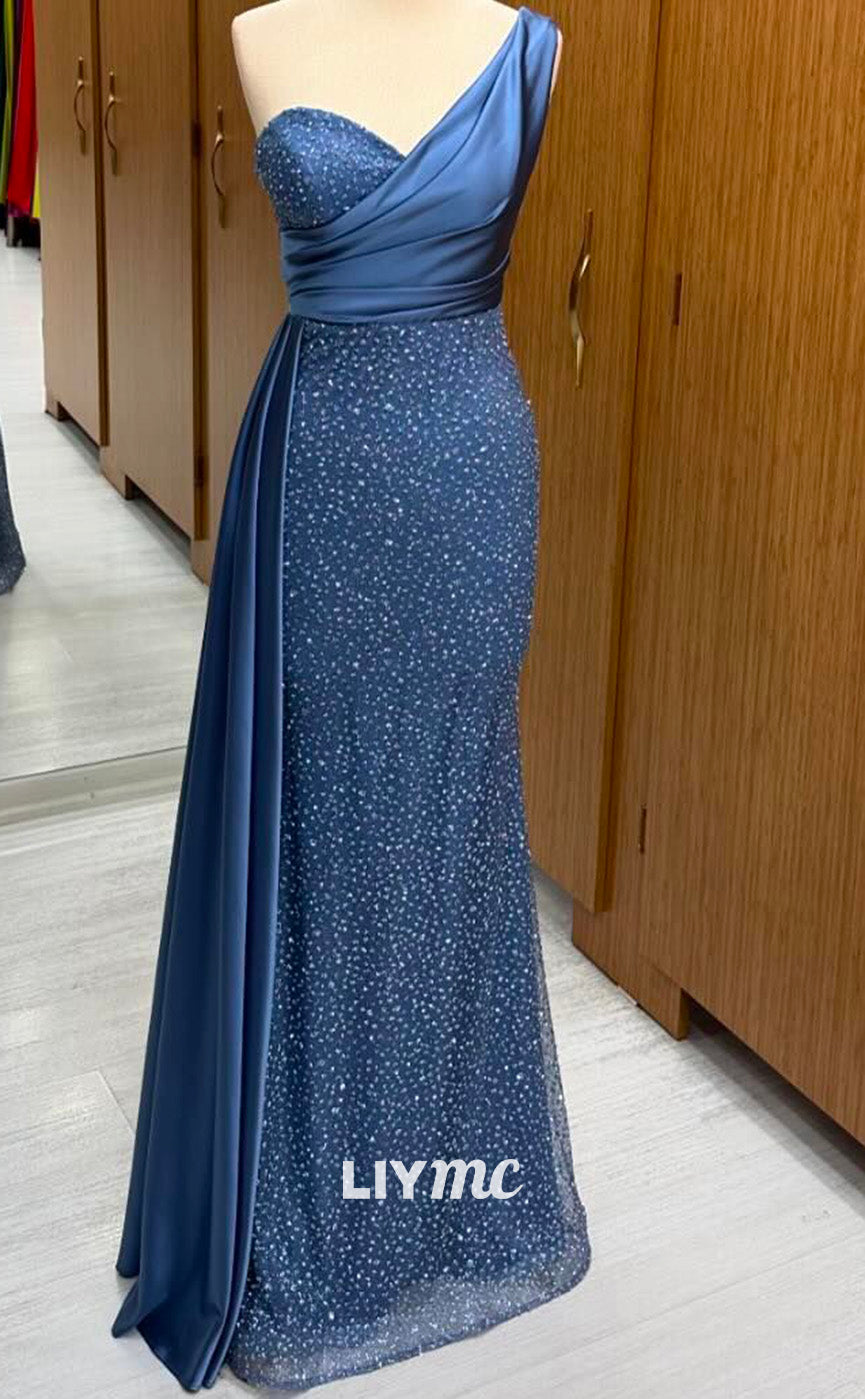 LP2251 - Asymmetrical Sleeveless Beaded Sequins Sheath Pleated Sheath Cocktail Dress Prom Dress