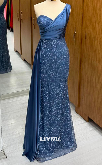 LP2251 - Asymmetrical Sleeveless Beaded Sequins Sheath Pleated Sheath Cocktail Dress Prom Dress