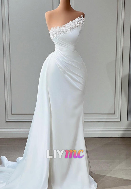 Asymmetrical Sleeveless Pleated Pearl Mermaid Wedding Dress
