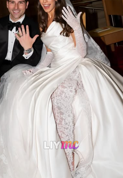 Asymmetrical Sleeveless Pleated Satin A-Line Wedding Dress
