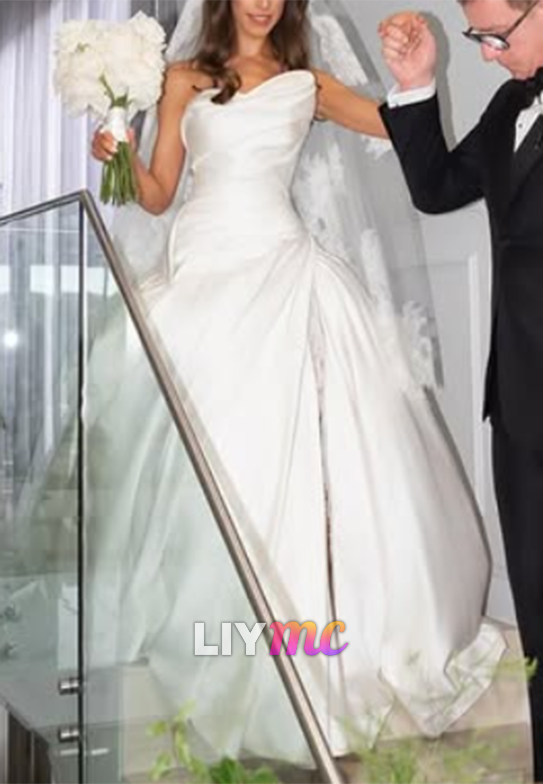 Asymmetrical Sleeveless Pleated Satin A-Line Wedding Dress