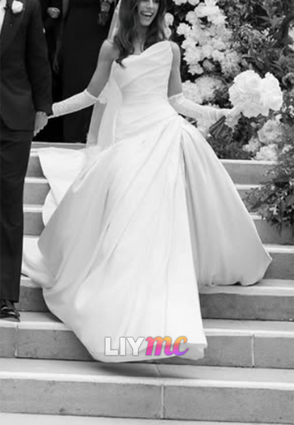 Asymmetrical Sleeveless Pleated Satin A-Line Wedding Dress