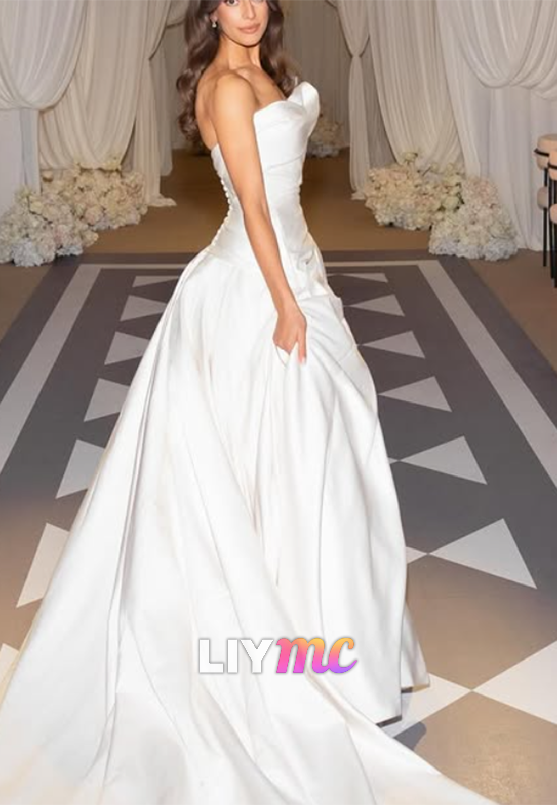 Asymmetrical Sleeveless Pleated Satin A-Line Wedding Dress