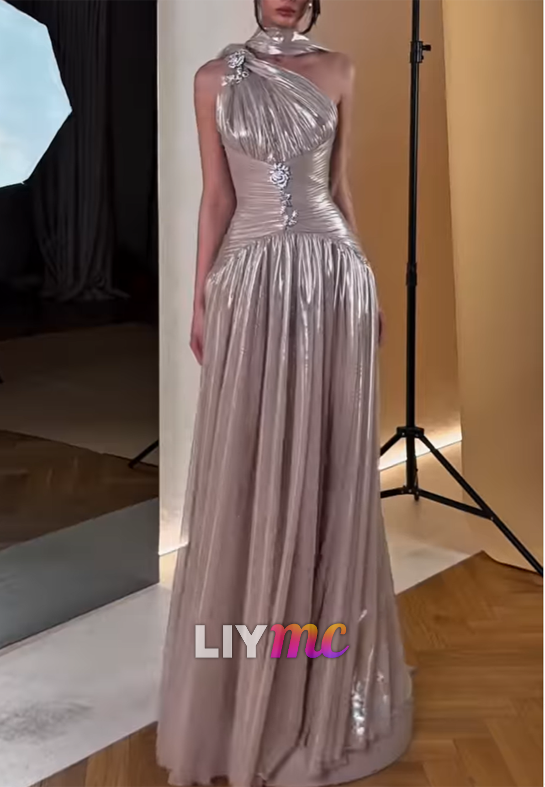 Asymmetrical Sleeveless Pleated Sparkly A-Line Evening Dress