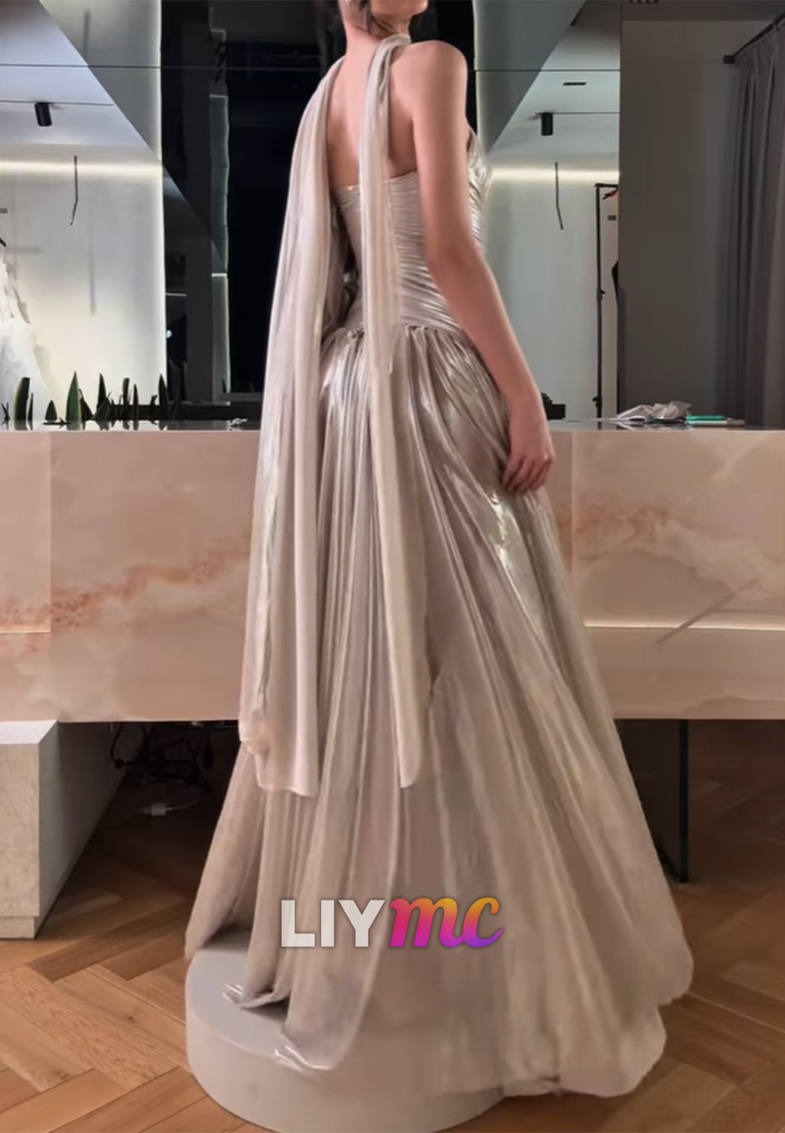 Asymmetrical Sleeveless Pleated Sparkly A-Line Evening Dress