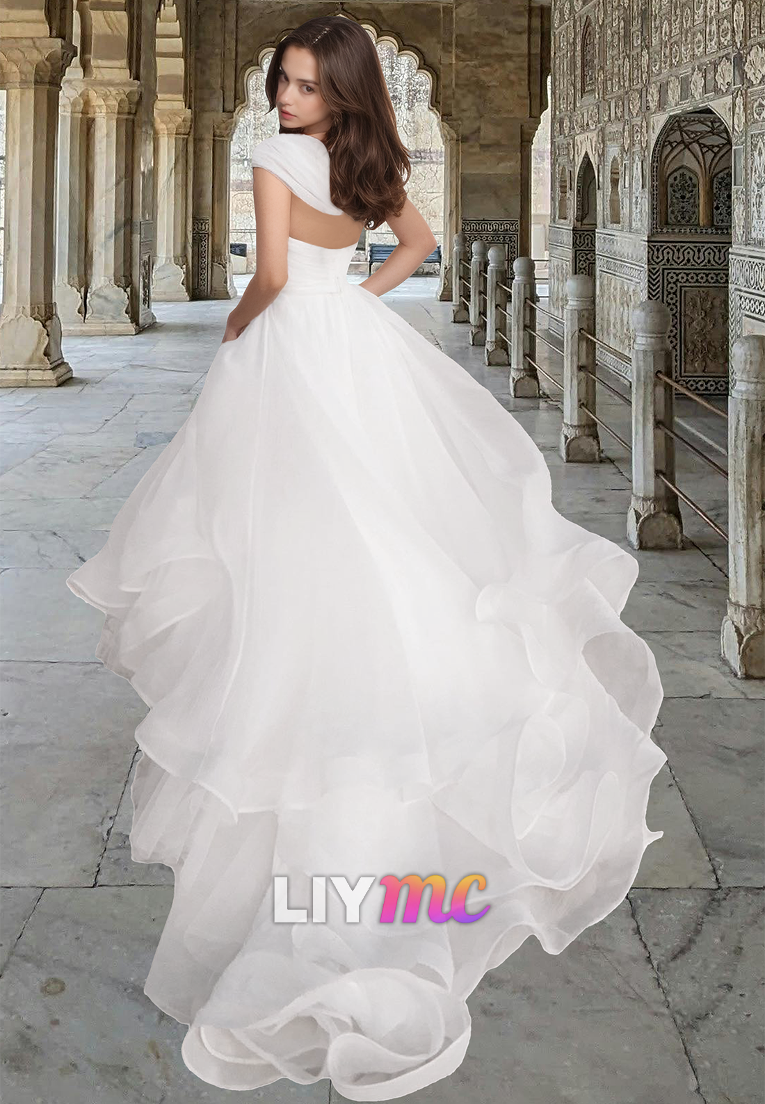 LW015 - A line One Shoulder Organza Simple Wedding Dress with Court Tr Liymc LW015 - A line One Shoulder Organza Simple Wedding Dress with Court Tr Liymc
