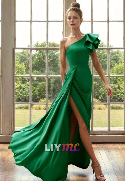 M1258 - Asymmetrical Ruffled Pleated Sleek Satin High Slit Mother of Bride Dress Cocktail Dresss