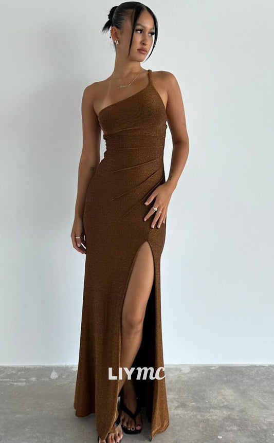 LP1400 - Asymmetrical Sleeveless Sleek Satin Pleated Side Slit Sexy Prom Dress