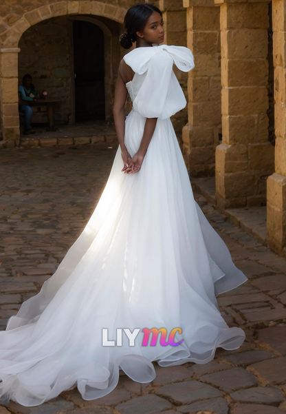 Asymmetrical Sleeves Pleated A-Line Wedding Dress