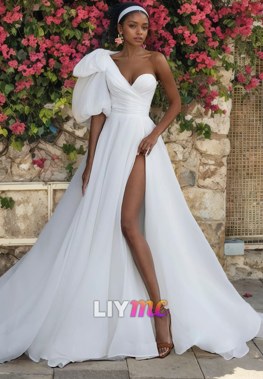 Asymmetrical Sleeves Pleated A-Line Wedding Dress