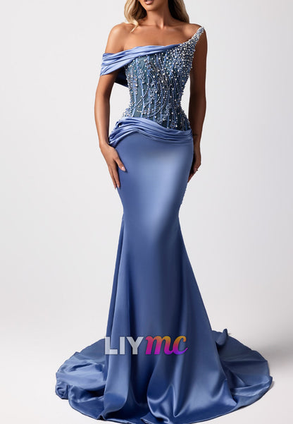 Asymmetrical Straps Beaded Fitted Mermaid Prom Dress