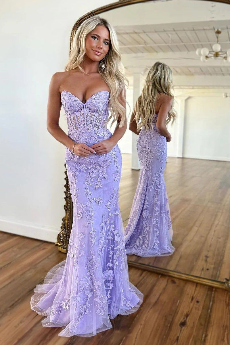 Attractive Mermaid Strapless Lavender Prom Dresses with Appliques