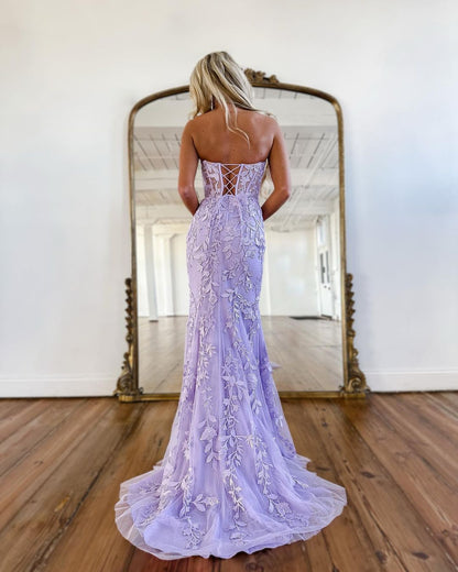 Attractive Mermaid Strapless Lavender Prom Dresses with Appliques