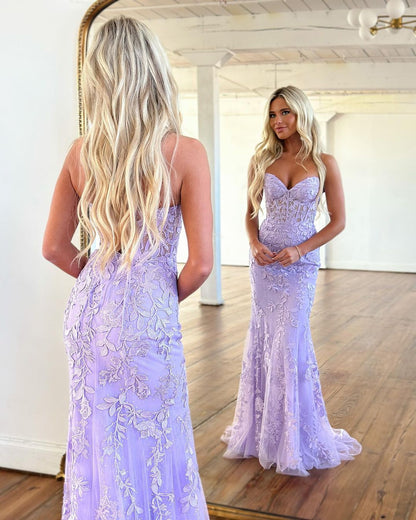 Attractive Mermaid Strapless Lavender Prom Dresses with Appliques