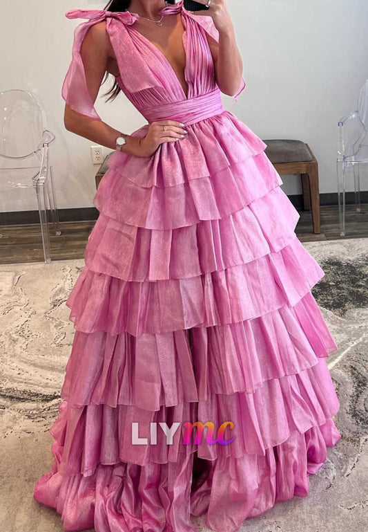 LP1253 - V-Neck Sleeveless Tiered Open Back Side Slit Ball Gown Prom Dresses