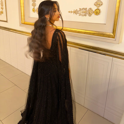 V-Neck Long Sleeves Beaded Embroidery Mermaid Evening Dress