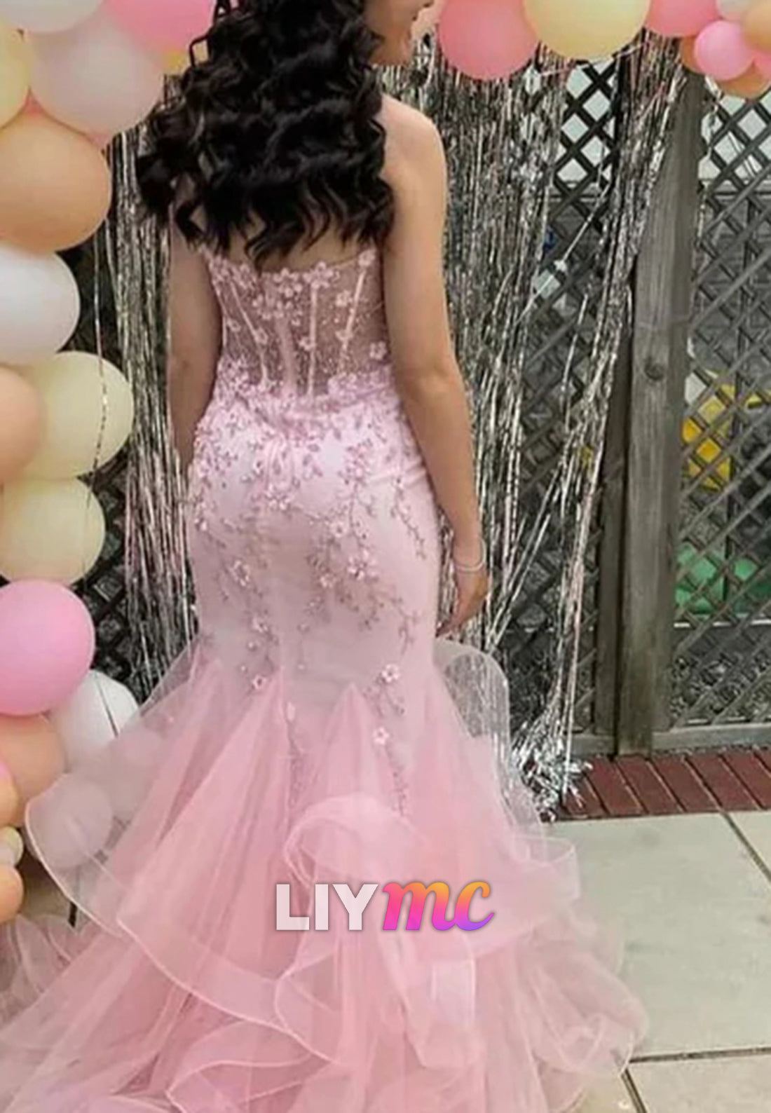 Pretty Strapless Pink Tulle Appliques Beaded Mermaid Party Dress Long Evening Gown