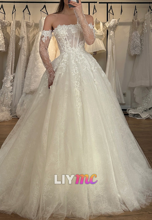 Ball Gown Off-Shoulder Floral Appliques A-Line Tulle Wedding Dress