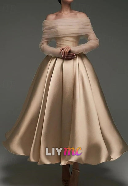 Ball Gown Satin A-Line Cocktail Elegant Dresses  Wedding Ankle Length Long Sleeve Off Shoulder Detachable