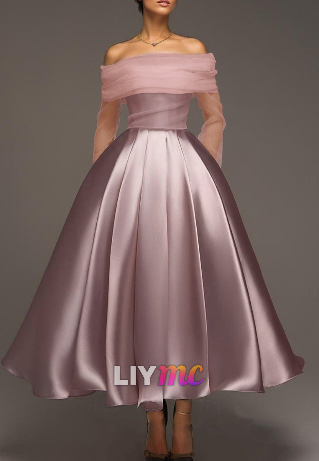 Ball Gown Satin A-Line Cocktail Elegant Dresses  Wedding Ankle Length Long Sleeve Off Shoulder Detachable