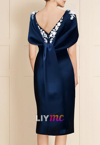 Bateau Cap Sleeves Appliques Sheath Mother of Bride Dress