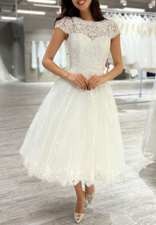 Bateau Cap Sleeves Lace Appliques Midi Wedding Dress