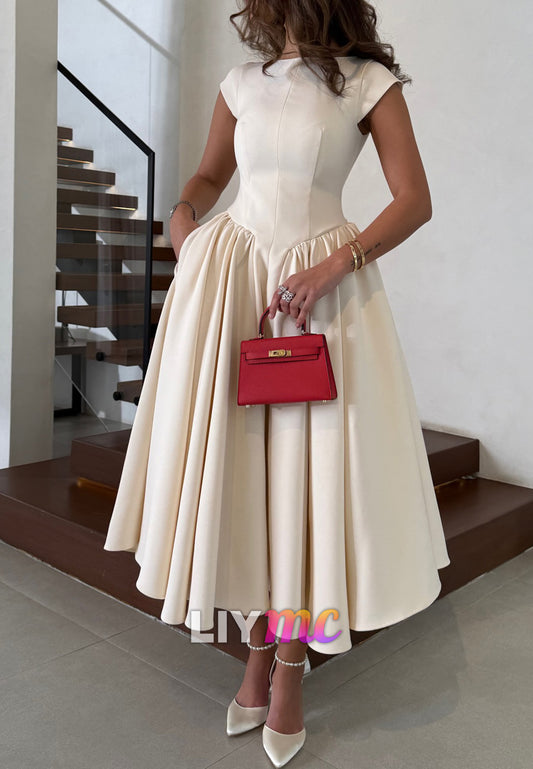 Bateau Cap Sleeves Pleated Cocktail Dress A-Line Party Dress