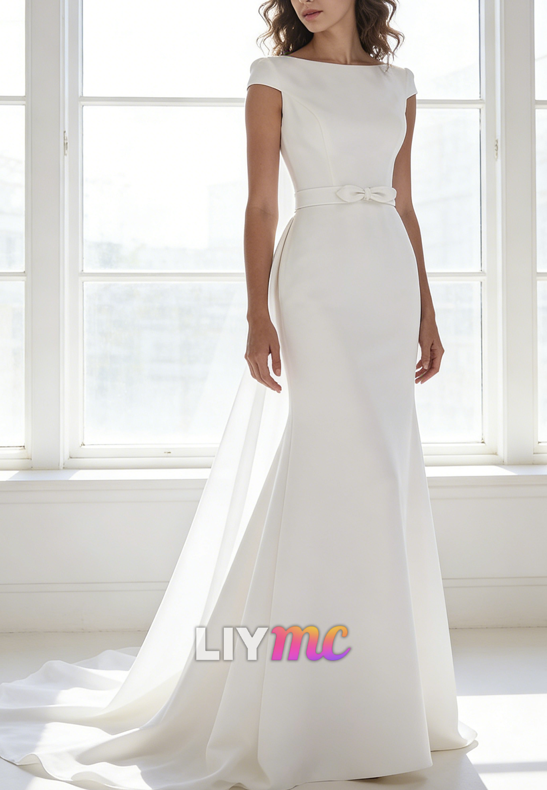 Bateau Cap Sleeves Satin Mermaid Elegant Wedding Dress