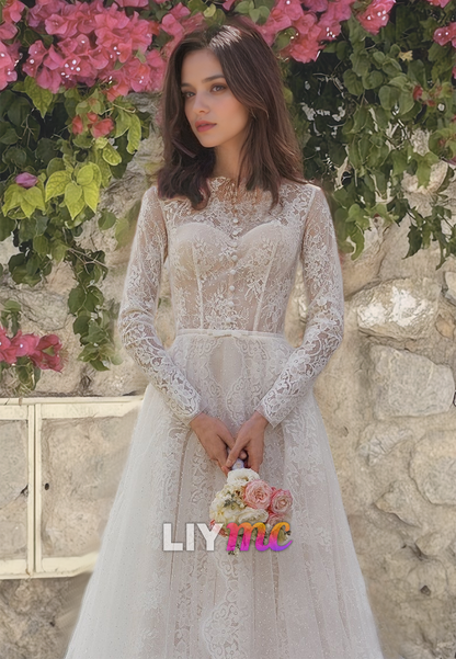 Bateau Long Sleeves Appliques Tulle A-Line Wedding Dress