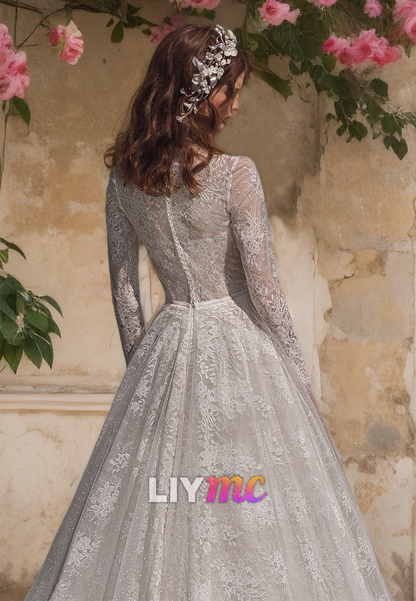 Bateau Long Sleeves Appliques Tulle A-Line Wedding Dress