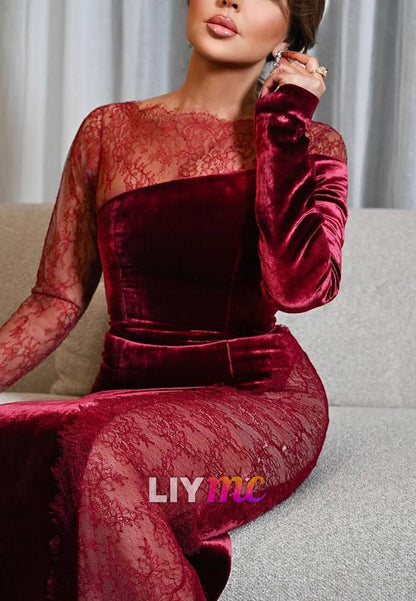 Bateau Long Sleeves Appliques Velvet Mermaid Evening Dress