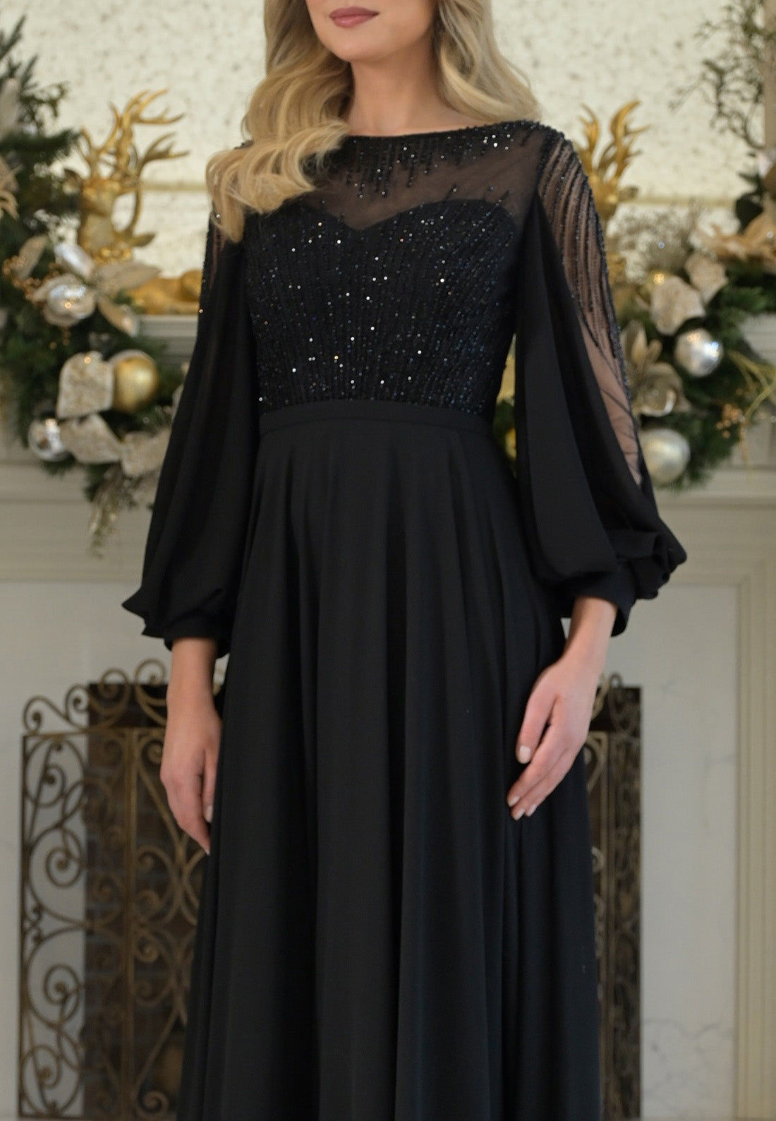 Bateau Long Sleeves Beaded Chiffon A-Line Mother of Bride Dress