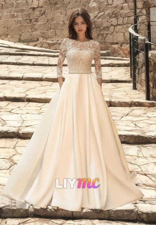 Bateau Long Sleeves Lace Appliques Pleated A-Line Wedding Dress