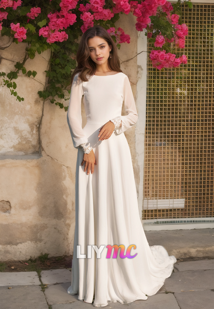 Bateau Long Sleeves Pleated A-Line Classic Wedding Dress