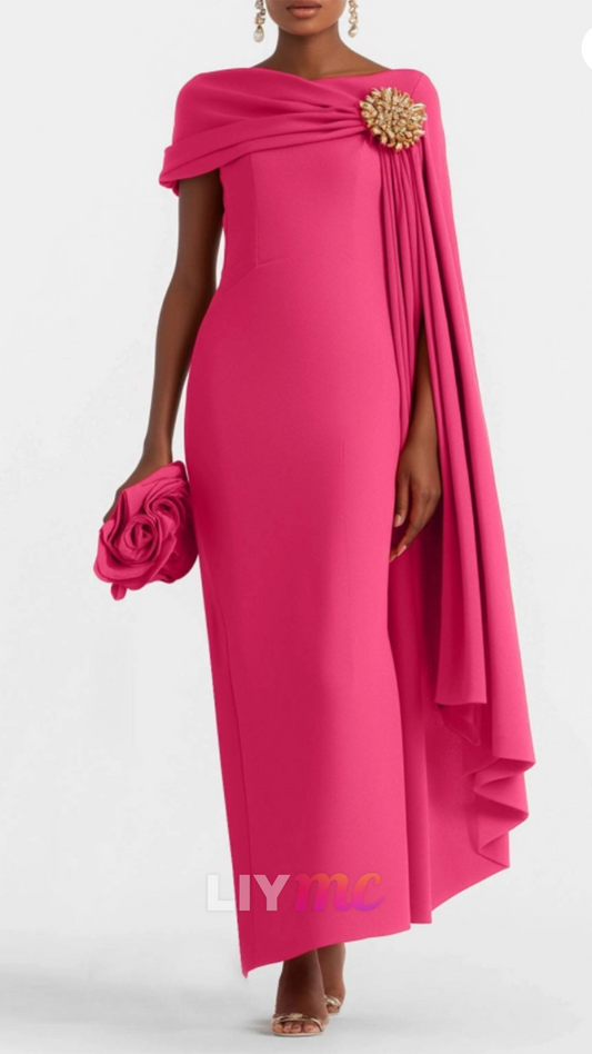 Bateau Long Sleeves Satin Sheath Wedding Guest Dress