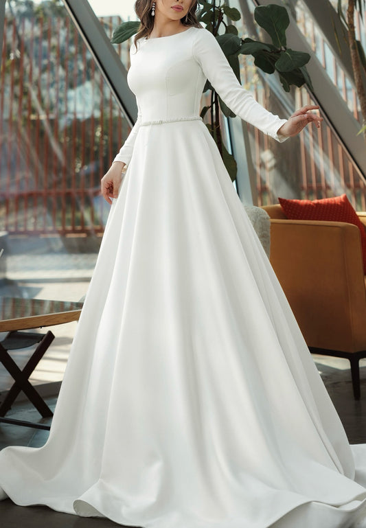 Bateau Long Sleeves Sleek A-Line Classic Wedding Dress