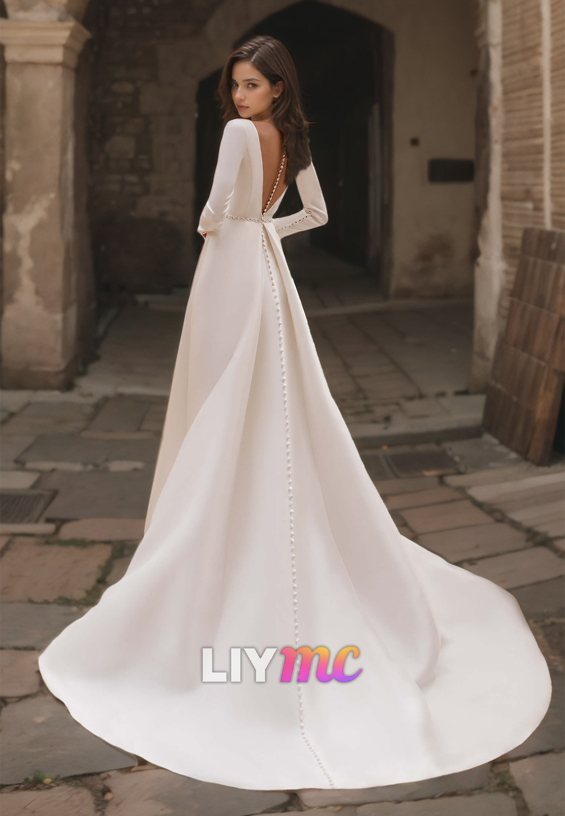 Bateau Long Sleeves Sleek Satin Pleated A-Line Wedding Dress